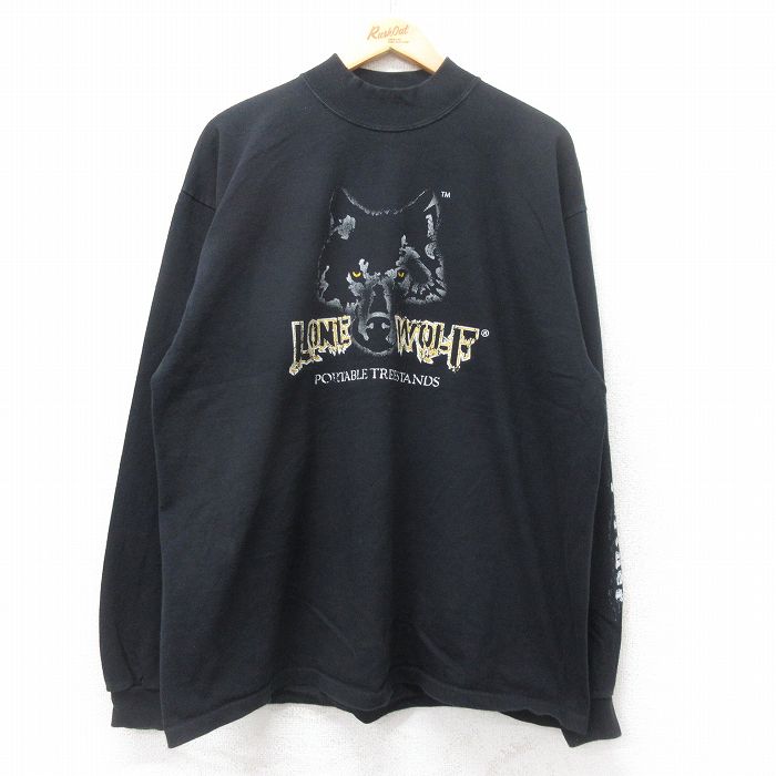 XL★古着 長袖 Tシャツ メンズ LONE WOLF オオカミ コットン モックネック ハイネック 黒 ブラック 25aug29 中古