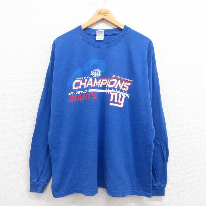 XL★古着 長袖 ビンテージ Tシャツ メンズ 00年代 00s NFL ニューヨークジャイアンツ コットン クルーネック 青 ブルー アメフト スーパーボウル 25aug29 中古