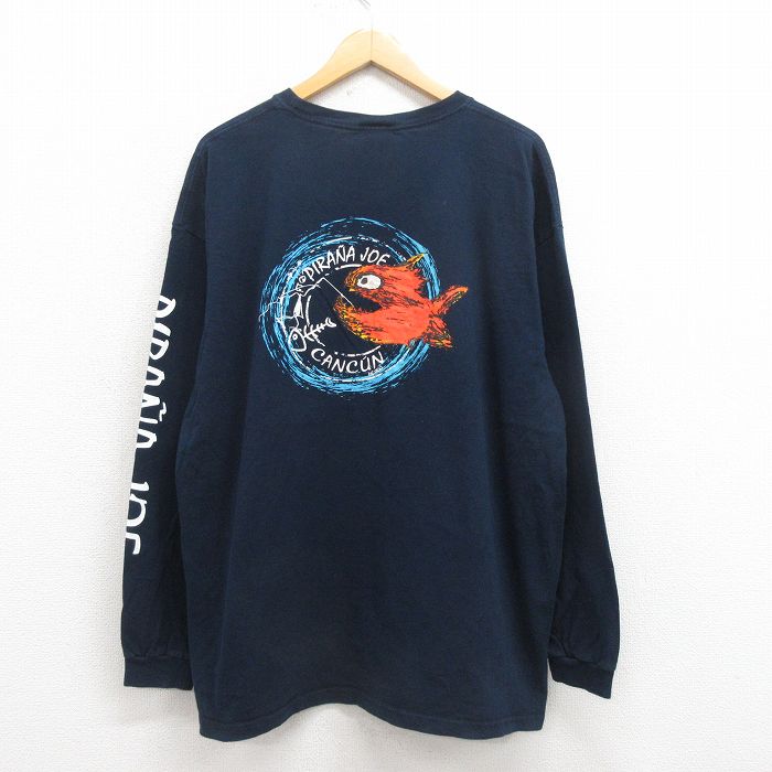 XL★古着 長袖 Tシャツ メンズ 魚 大きいサイズ コットン クルーネック 濃紺 ネイビー 25aug29 中古