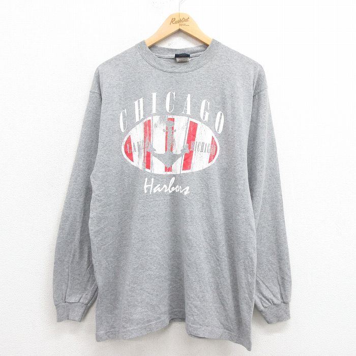 L★古着 長袖 ビンテージ Tシャツ メンズ 90年代 90s シカゴ コットン クルーネック USA製 グレー 霜降り 25aug29 中古