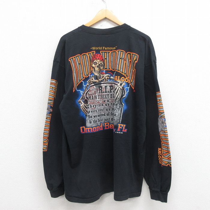 XL★古着 長袖 ビンテージ Tシャツ メンズ 00年代 00s スケルトン 胸ポケット付き 大きいサイズ コットン クルーネック USA製 黒 ブラック 25aug29 中古