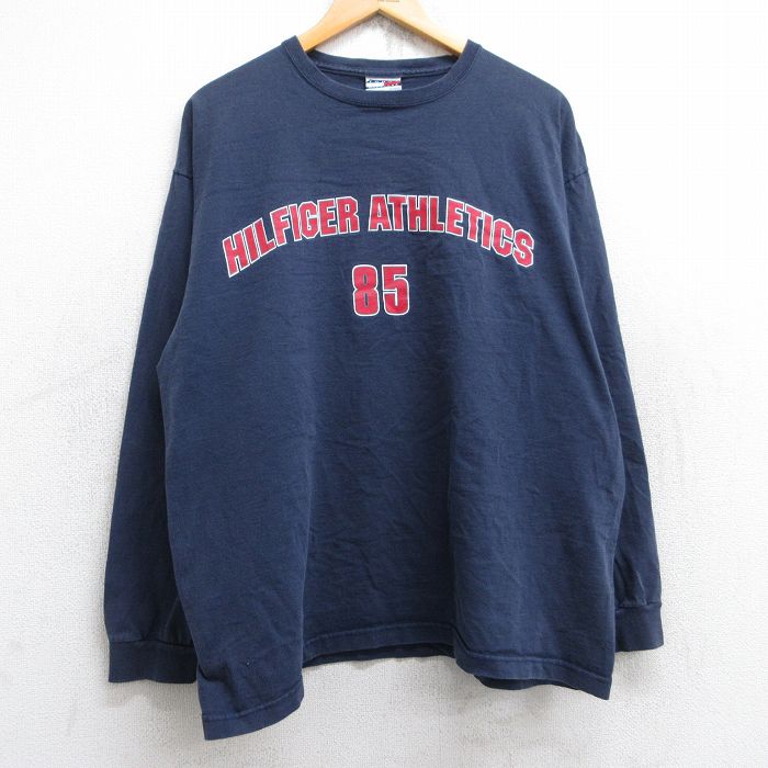 【50%OFF】XL★古着 トミーヒルフィガー TOMMY HILFIGER 長袖 ブランド Tシャツ メンズ 90年代 90s ビッグロゴ コットン クルーネック USA製 紺 ネイビー 25aug29 中古