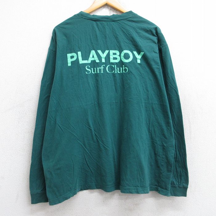 XL★古着 プレーボーイ PLAYBOY 長袖 Tシャツ メンズ ビッグロゴ 胸ポケット付き 大きいサイズ コットン クルーネック 緑 グリーン 25aug29 中古