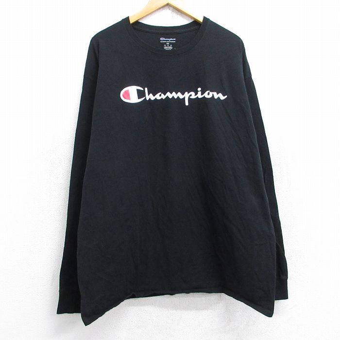 XL★古着 チャンピオン champion 長袖 Tシャツ メンズ ビッグロゴ 大きいサイズ コットン クルーネック 黒 ブラック 25aug29 中古