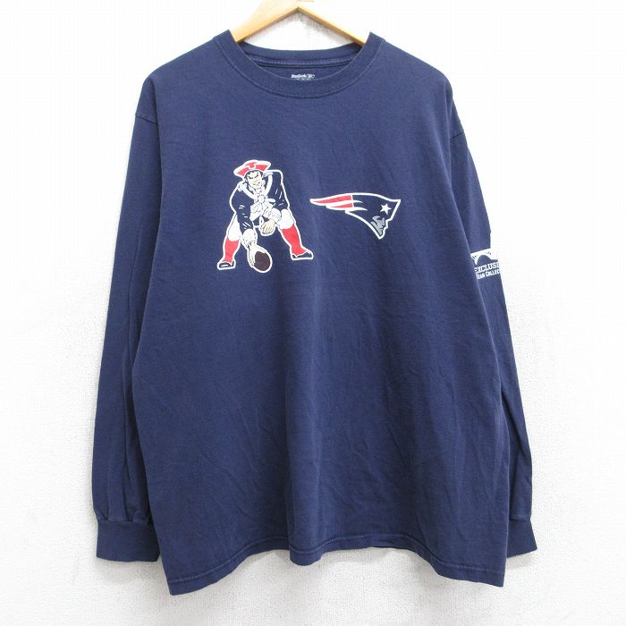 【50%OFF】XL★古着 リーボック REEBOK 長袖 Tシャツ メンズ NFL ニューイングランドペイトリオッツ 大きいサイズ コットン クルーネック 紺 ネイビー アメフト スーパーボウル 25aug29 中古