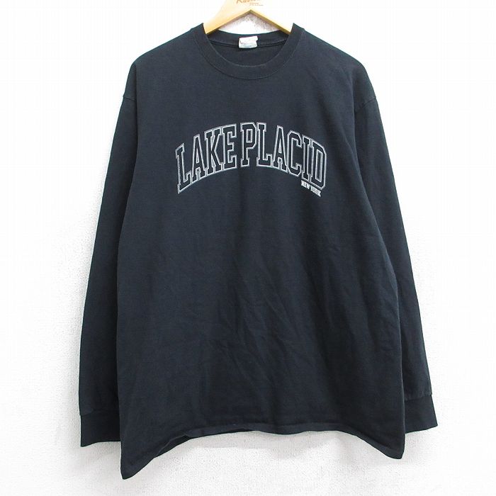 XL★古着 長袖 Tシャツ メンズ レイクプラシッド コットン クルーネック 黒 ブラック 25aug29 中古