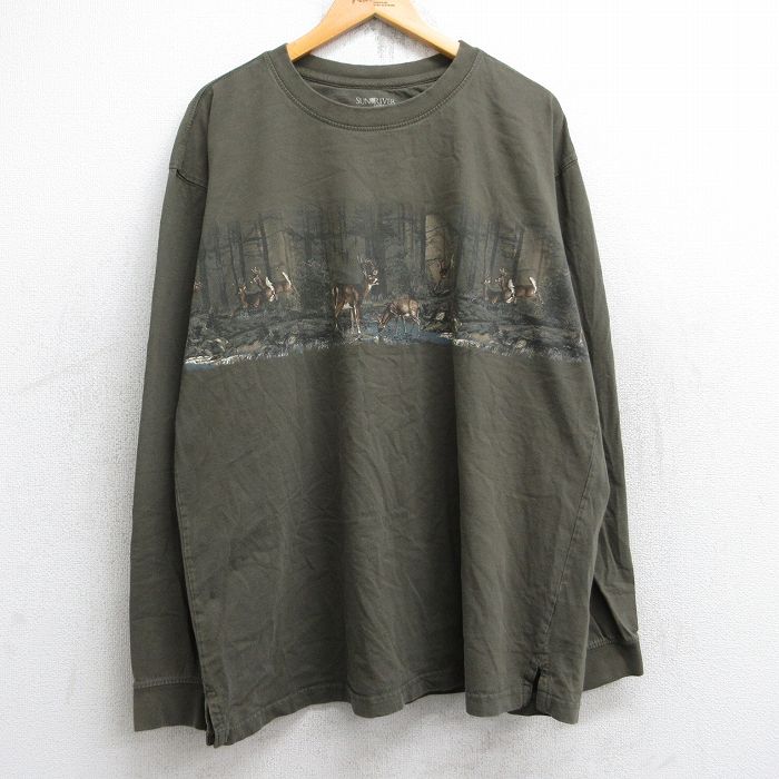 XL★古着 長袖 Tシャツ メンズ シカ 大きいサイズ コットン クルーネック 濃緑 グリーン 25aug29 中古