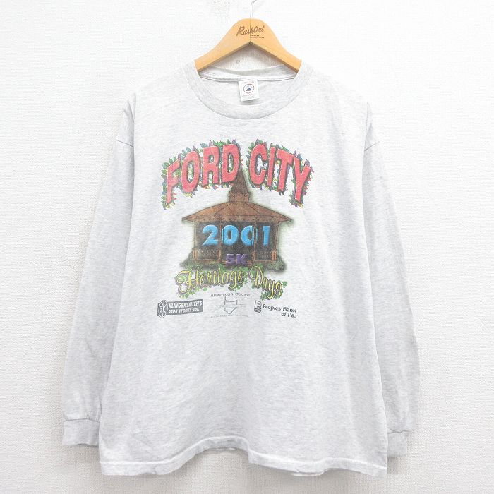 XL★古着 長袖 ビンテージ Tシャツ メンズ 00年代 00s FORD CITY 大きいサイズ クルーネック グレー 霜降り 25aug29 中古