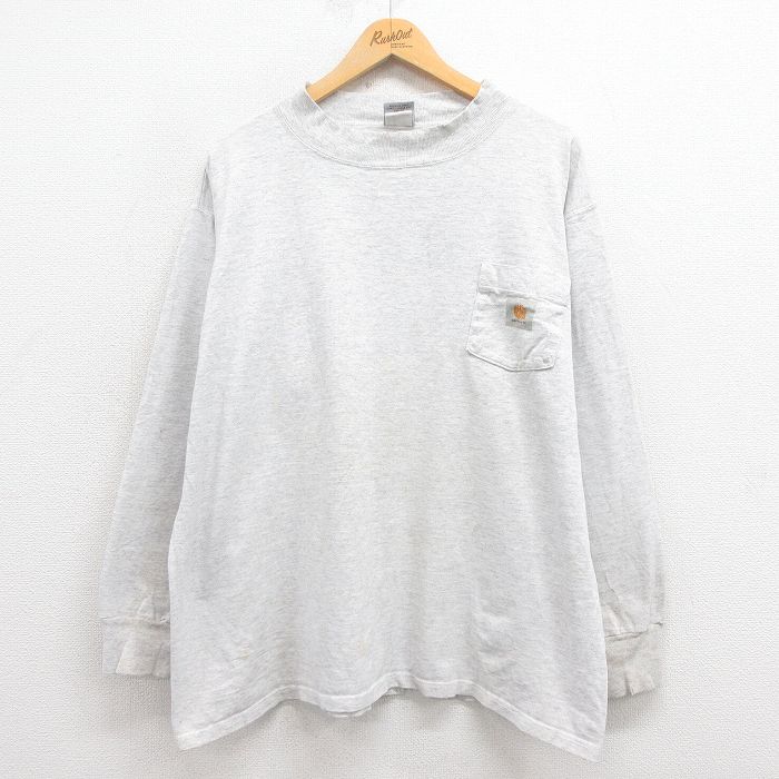 【50%OFF】XL★古着 カーハート Carhartt 長袖 ビンテージ Tシャツ メンズ 90年代 90s ワンポイントロゴ 胸ポケット付き 大きいサイズ クルーネック USA製 グレー 霜降り 25aug29 中古