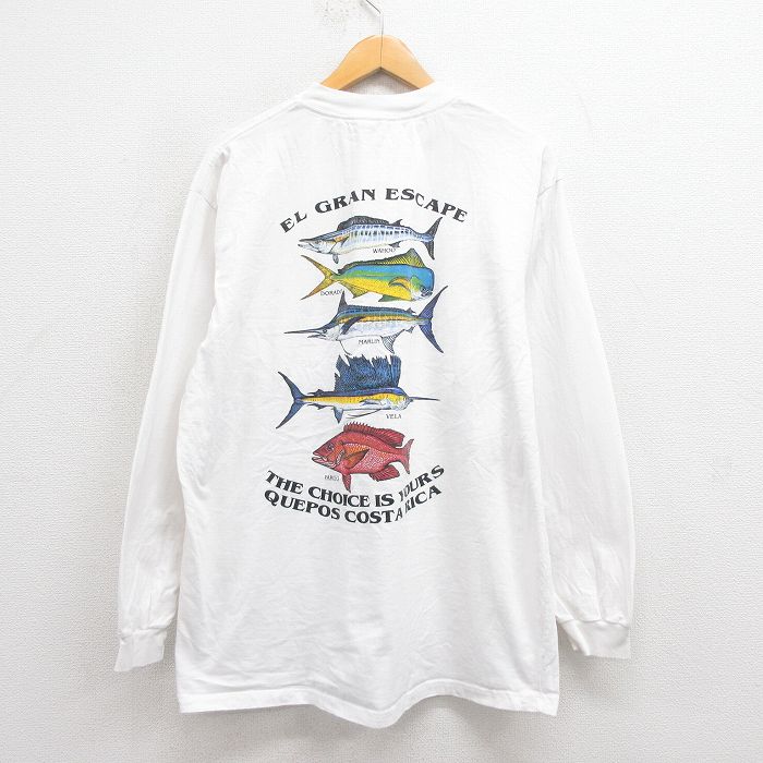 【20%OFF】XL★古着 長袖 ビンテージ Tシャツ メンズ 00年代 00s 魚 胸ポケット付き クルーネック 白 ホワイト 【spe】 25aug29 中古