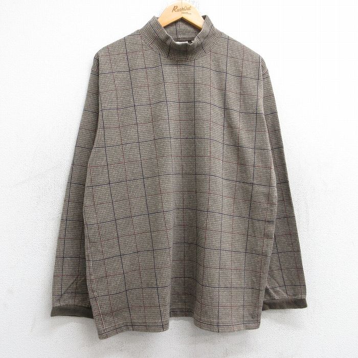 L★古着 エルエルビーン LLBEAN 長袖 ビンテージ Tシャツ メンズ 90年代 90s 千鳥格子 コットン モックネック ハイネック USA製 ベージュ他 カーキ チェック 25aug29 中古