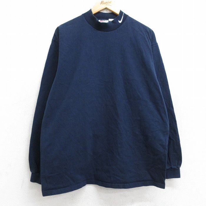 【20%OFF】L★古着 ナイキ NIKE 長袖 ビンテージ Tシャツ メンズ 90年代 90s ワンポイントロゴ コットン モックネック ハイネック USA製 紺 ネイビー 【spe】 25aug29 中古