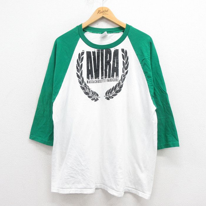 【50%OFF】XL★古着 7分袖 ビンテージ Tシャツ メンズ 00年代 00s AVIRA 大きいサイズ ツートンカラー ラグラン クルーネック 白他 ホワイト 25aug29 中古 7分丈 七分丈 七分袖