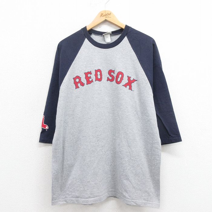 XL★古着 7分袖 ビンテージ Tシャツ メンズ 00年代 00s MLB ボストンレッドソックス リースマグワイア ラグラン クルーネック グレー 霜降り メジャーリーグ ベースボール 野球 25aug29 中古 7分丈 七分丈 七分袖