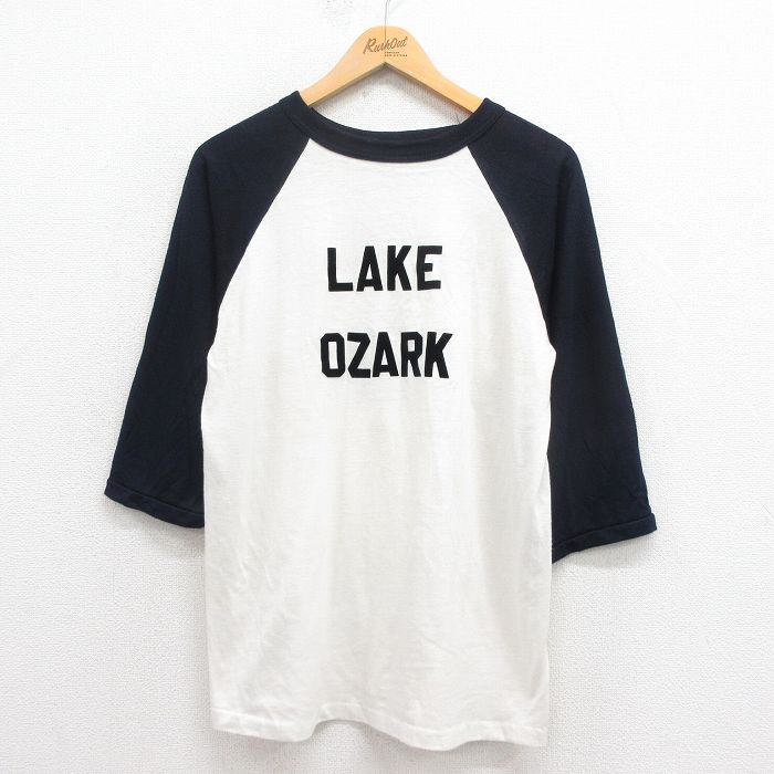 M★古着 7分袖 ビンテージ Tシャツ メンズ 80年代 80s LAKE フロッキープリント ツートンカラー ラグラン クルーネック 白他 ホワイト 25aug29 中古 7分丈 七分丈 七分袖