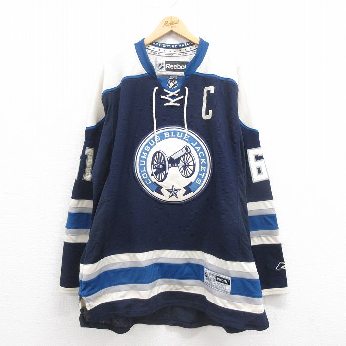 XL★古着 リーボック REEBOK 長袖 Tシャツ アイスホッケー ジャージ メンズ NHL コロンバスブルージャケッツ ナッシュ61 大きいサイズ メッシュ地 Vネック 紺 ネイビー ユニフォーム ゲームシャツ 【spe】 25aug29 中古