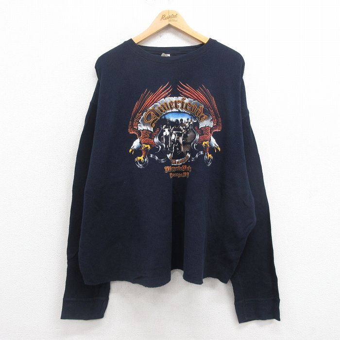 XL★古着 長袖 サーマル Tシャツ メンズ 鳥 モーターサイクルラリー 大きいサイズ コットン クルーネック 紺 ネイビー 25aug29 中古