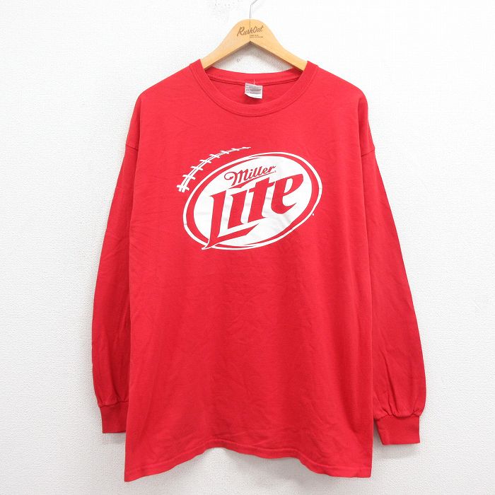 XL★古着 長袖 ビンテージ Tシャツ メンズ 00年代 00s ミラーライト コットン クルーネック 赤 レッド 25aug29 中古