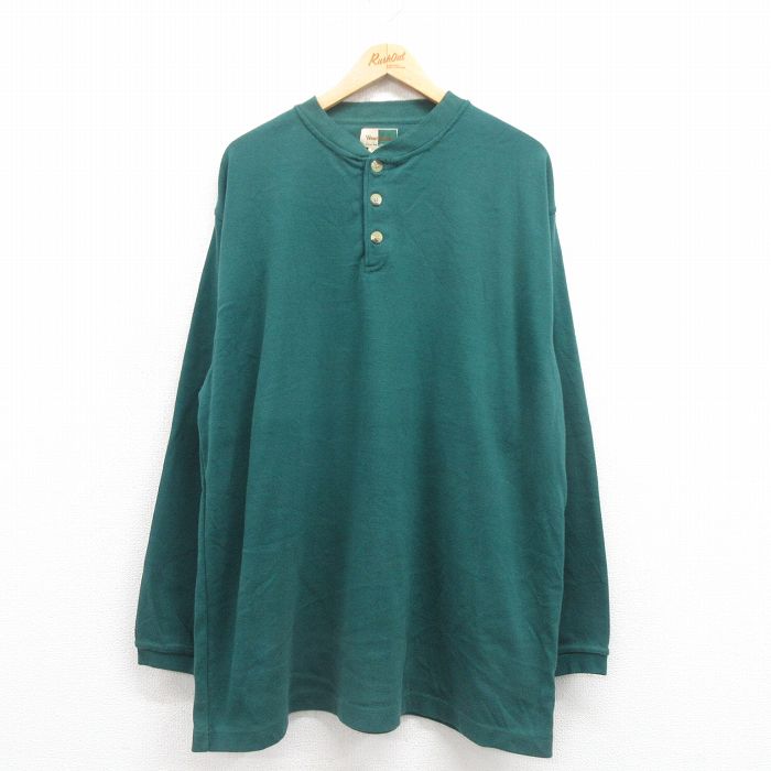 XL★古着 Wear Guard 長袖 Tシャツ メンズ 無地 大きいサイズ ロング丈 コットン ヘンリーネック 緑 グリーン 25aug29 中古