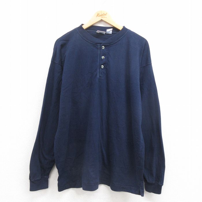 XL★古着 長袖 ビンテージ Tシャツ メンズ 00年代 00s 無地 大きいサイズ コットン ヘンリーネック 紺 ネイビー 25aug29 中古