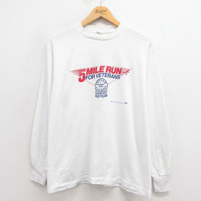 M★古着 長袖 ビンテージ Tシャツ メンズ 80年代 80s マラソン クルーネック USA製 白 ホワイト 25aug29 中古
