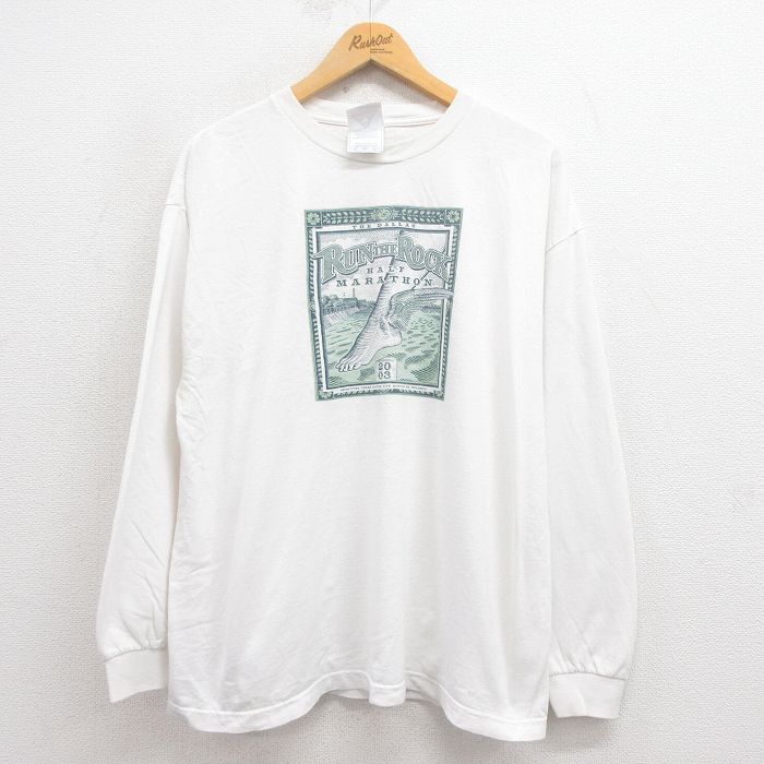 【50%OFF】XL★古着 長袖 ビンテージ Tシャツ メンズ 00年代 00s ハーフマラソン 企業広告 コットン クルーネック 白 ホワイト 25aug29 中古
