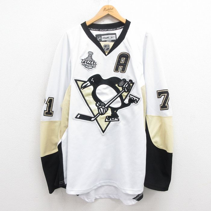XL★古着 リーボック REEBOK 長袖 Tシャツ アイスホッケー ジャージ メンズ NHL ピッツバーグペンギンズ 大きいサイズ ロング丈 メッシュ地 Vネック カナダ製 白 ホワイト 25aug30 中古