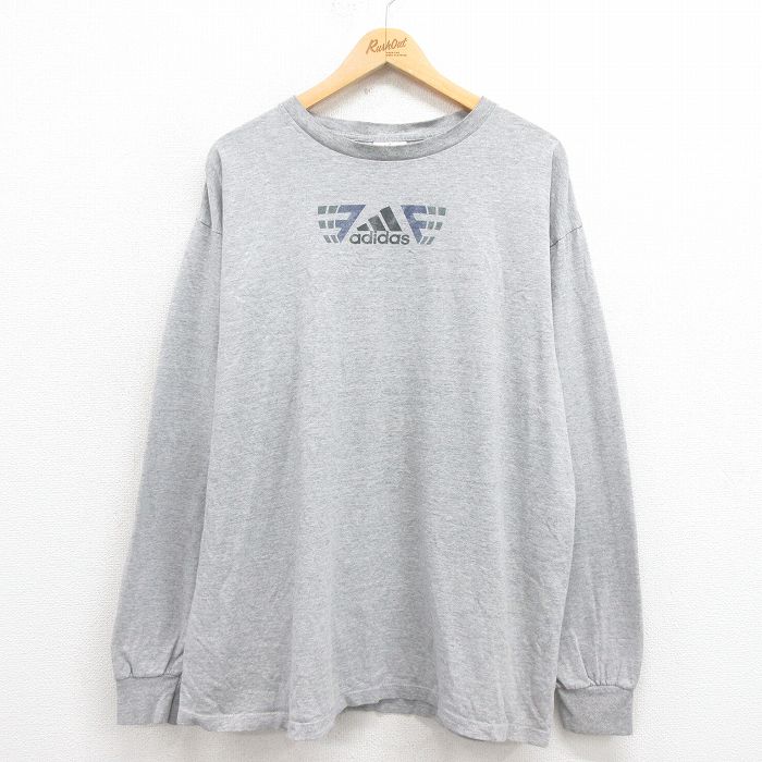 XL★古着 アディダス adidas 長袖 ビンテージ Tシャツ メンズ 90年代 90s ワンポイントロゴ 大きいサイズ クルーネック USA製 グレー 霜降り 【spe】 25aug30 中古