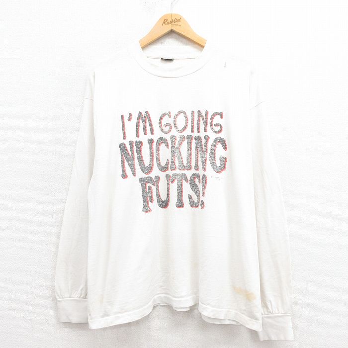 XL★古着 長袖 ビンテージ Tシャツ メンズ 90年代 90s メッセージ 大きいサイズ クルーネック USA製 白 ホワイト 25aug30 中古
