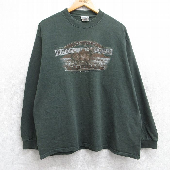 【50%OFF】XL★古着 長袖 ビンテージ Tシャツ メンズ 00年代 00s シカ クルーネック USA製 濃緑 グリーン 25aug30 中古