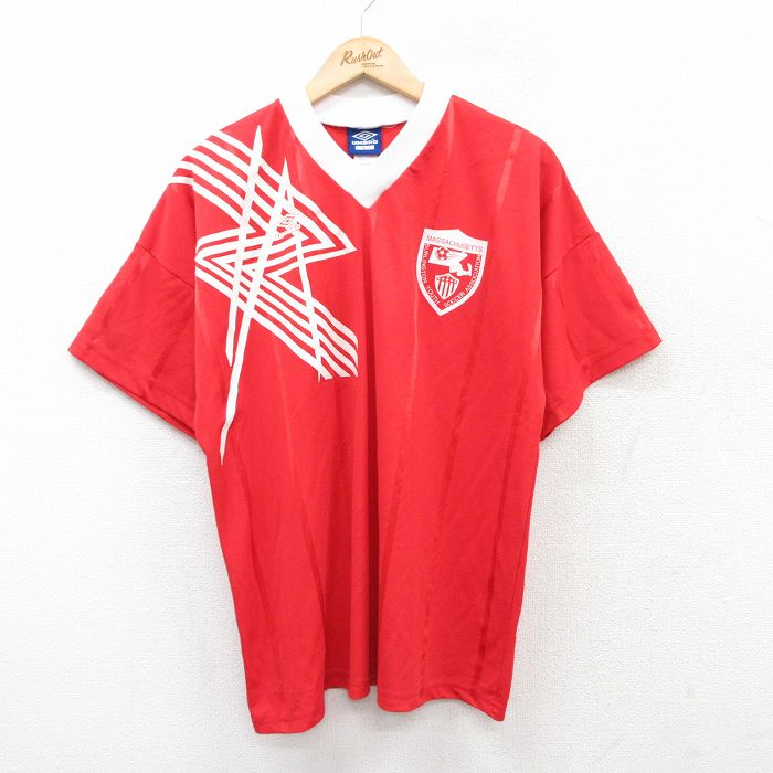XL★古着 アンブロ 半袖 ビンテージ サッカー Tシャツ メンズ 90年代 90s マサチューセッツ 9 大きいサイズ Vネック USA製 赤 レッド ストライプ 25aug30 中古