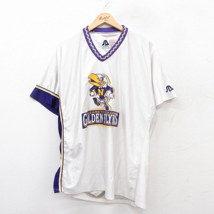 【50%OFF】XL★古着 半袖 ビンテージ Tシャツ メンズ 90年代 90s ナザレス カレッジ ゴールデンフライヤーズ 大きいサイズ ロング丈 Vネック USA製 白 ホワイト 25aug30 中古