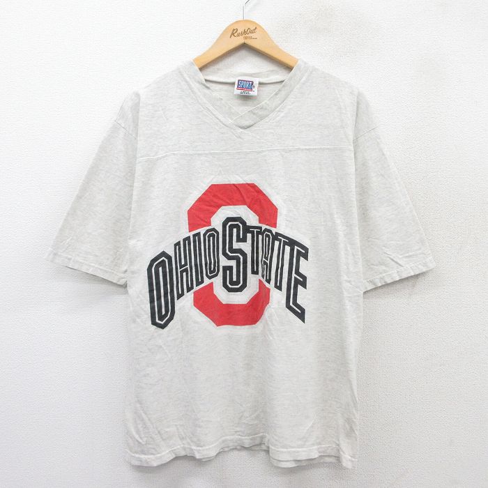 L★古着 半袖ビンテージ フットボール Tシャツ メンズ 90年代 90s オハイオステートバックアイズ 36 コットン Vネック グレー 霜降り 25aug30 中古