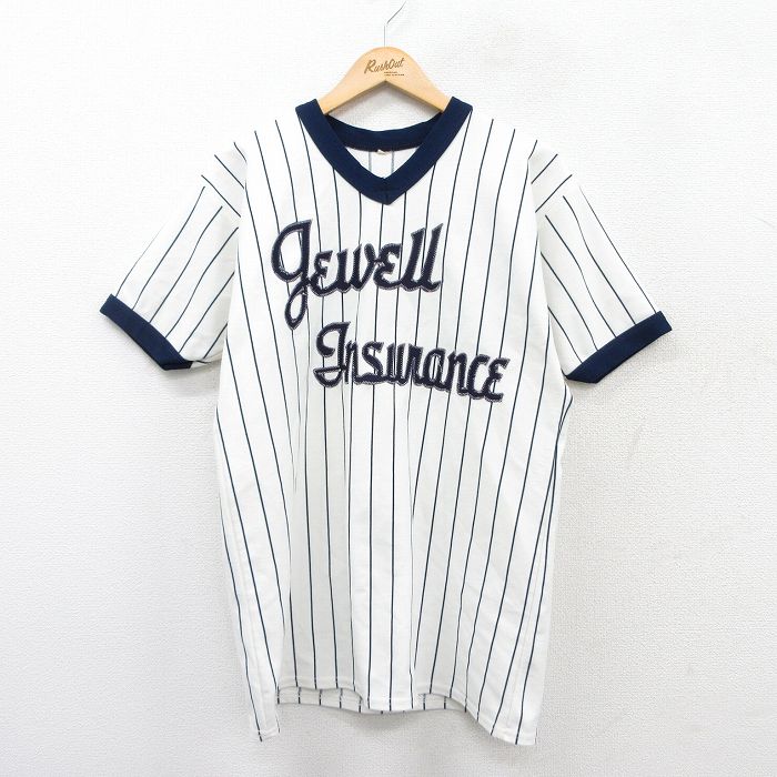L★古着 半袖 ビンテージ Tシャツ メンズ 80年代 80s Jewell Insurance 4 Vネック 白他 ホワイト ストライプ 25aug30 中古