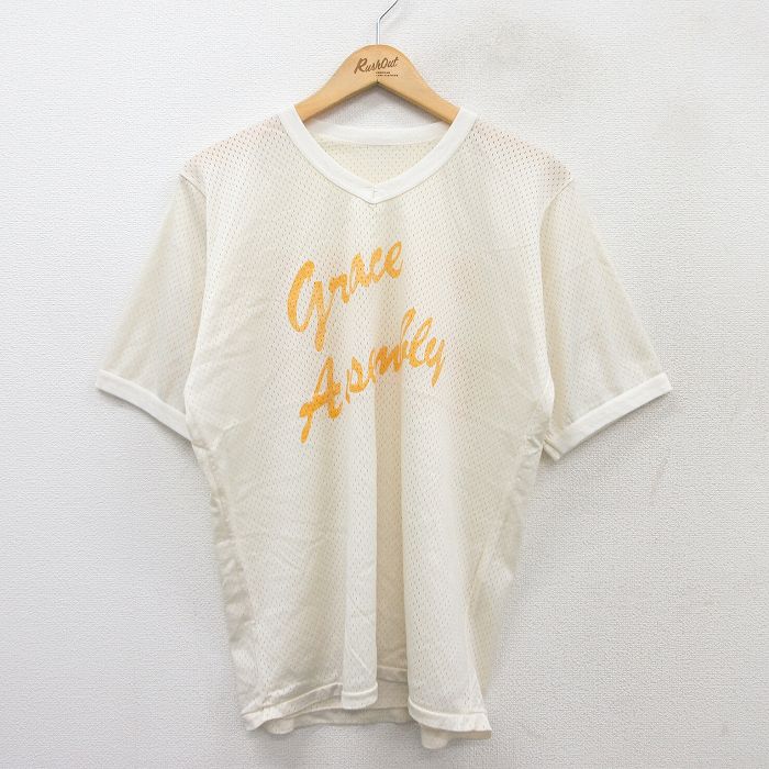 L★古着 半袖 ビンテージ Tシャツ メンズ 80年代 80s Grace Assembly 25 メッシュ地 Vネック 生成り 25aug30 中古