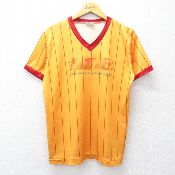 L★古着 半袖 ビンテージ サッカー Tシャツ メンズ 80年代 80s 1 スクール Vネック USA製 黄他 イエロー ストライプ 25aug30 中古