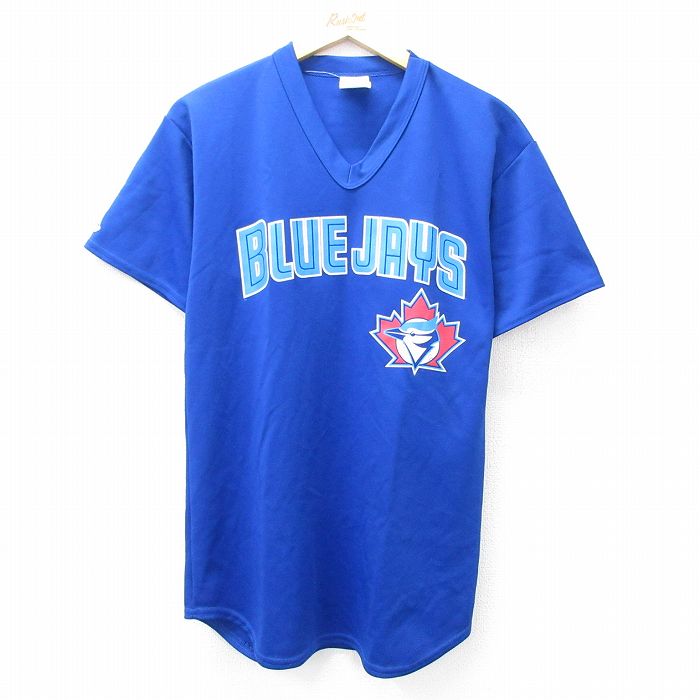 L★古着 マジェスティック 半袖 ビンテージ Tシャツ メンズ 80年代 80s MLB トロントブルージェイズ ALLIED OIL 5 Vネック USA製 青 ブルー メジャーリーグ ベースボール 野球 25aug30 中古