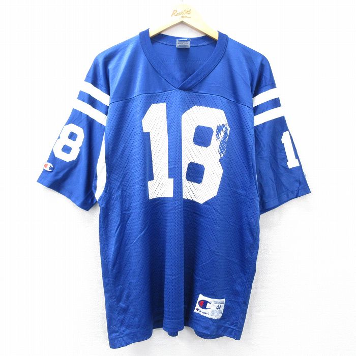 【20%OFF】XL★古着 チャンピオン champion 半袖 ビンテージ フットボール Tシャツ メンズ 90年代 90s MANNING 18 メッシュ地 Vネック 青 ブルー ユニフォーム ゲームシャツ 【spe】 25aug30 中古