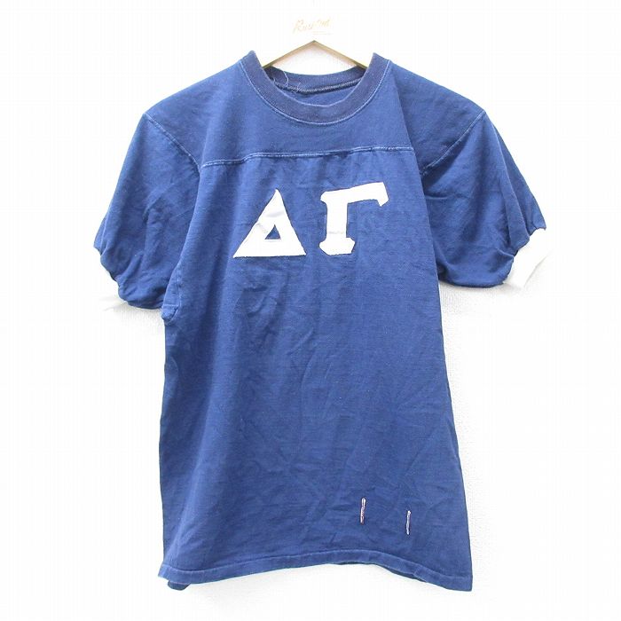 【50%OFF】M★古着 半袖 ビンテージ フットボール Tシャツ メンズ 90年代 90s ギリシャ文字 クルーネック 紺 ネイビー 【spe】 25aug30 中古