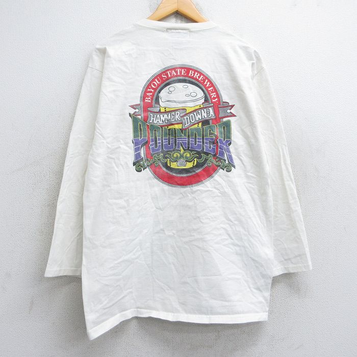L★古着 長袖 ビンテージ Tシャツ メンズ 90年代 90s POUNDER ビール コットン ヘンリーネック USA製 白 ホワイト 25aug30 中古