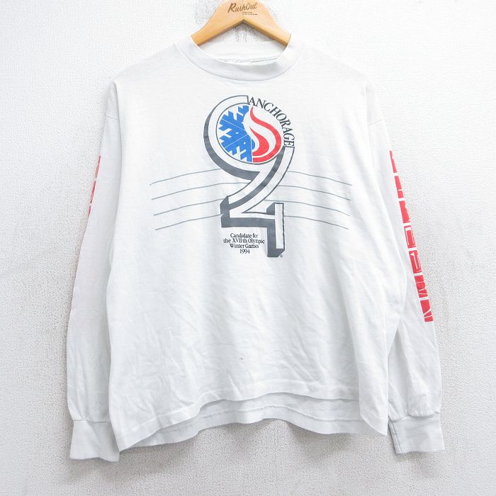 L★古着 長袖 ビンテージ Tシャツ メンズ 90年代 90s ウィンタースポーツ オリンピック ANCHORAGE クルーネック USA製 白 ホワイト 【spe】 25aug30 中古