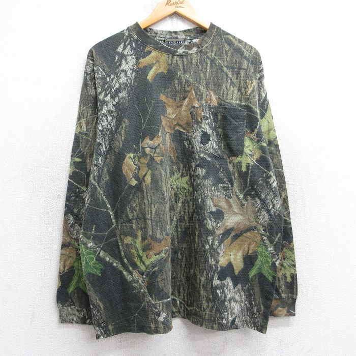 XL★古着 ジャージーズ 長袖 Tシャツ メンズ 胸ポケット付き メッシュ地 大きいサイズ クルーネック 濃緑他 グリーン 迷彩 25sep03 中古