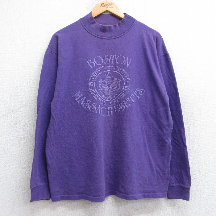 XL★古着 長袖 ビンテージ Tシャツ メンズ 80年代 80s ボストン マサチューセッツ コットン モックネック ハイネック USA製 紫 パープル 25sep03 中古