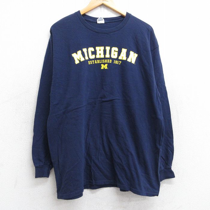 XL★古着 長袖 Tシャツ メンズ ミシガン コットン クルーネック 紺 ネイビー 25sep03 中古