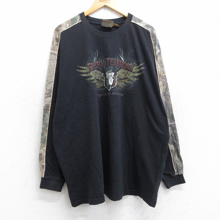 XL★古着 長袖 Tシャツ メンズ ロングホーン TROPHY TERRITORY 大きいサイズ コットン クルーネック 黒他 ブラック 25sep03 中古