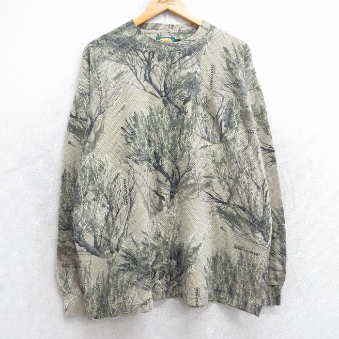 【20%OFF】XL★古着 カベラス 長袖 ビンテージ Tシャツ メンズ 00年代 00s 胸ポケット付き メッシュ地 大きいサイズ クルーネック ベージュ他 カーキ 迷彩 【spe】 25sep03 中古