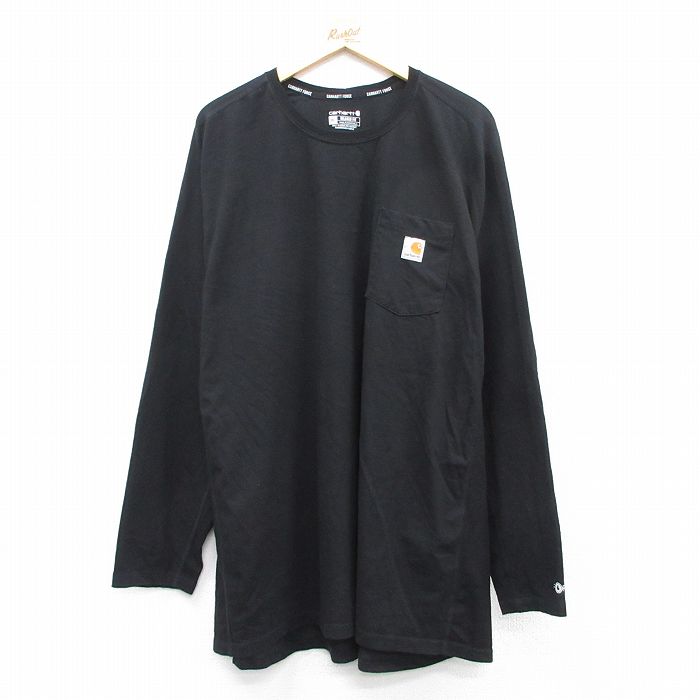XL★古着 カーハート Carhartt 長袖 Tシャツ メンズ ワンポイントロゴ 胸ポケット付き ロング丈 大きいサイズ クルーネック 黒 ブラック 【spe】 25sep03 中古