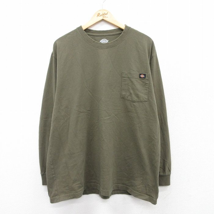 【20%OFF】XL★古着 ディッキーズ Dickies 長袖 Tシャツ メンズ 無地 胸ポケット付き 大きいサイズ コットン クルーネック 濃緑 グリーン 25sep03 中古