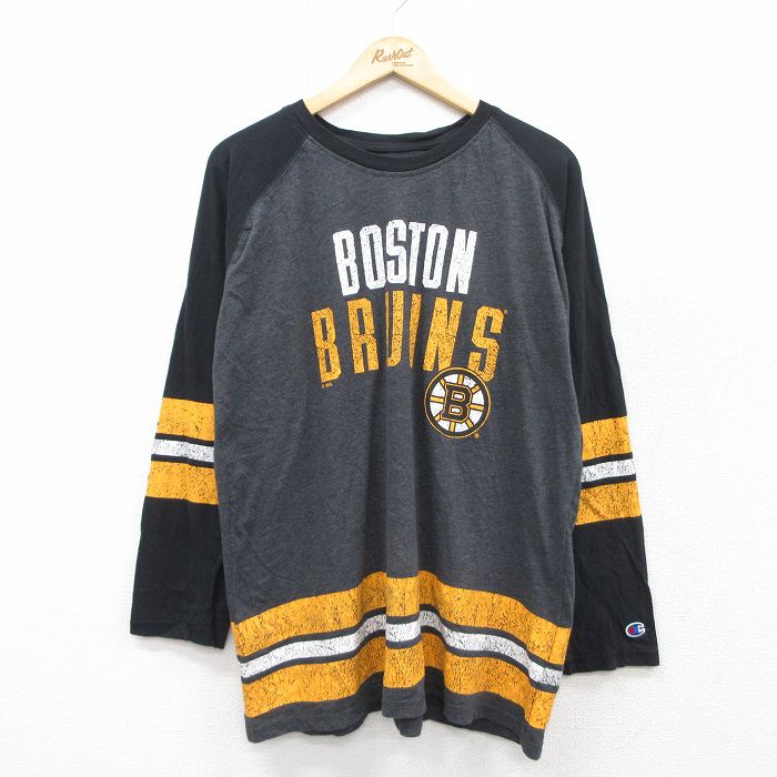 XL★古着 チャンピオン champion 長袖 Tシャツ メンズ NHL ボストンブルーインズ ラグラン ツートンカラー クルーネック 濃グレー 霜降り アイスホッケー 25sep03 中古