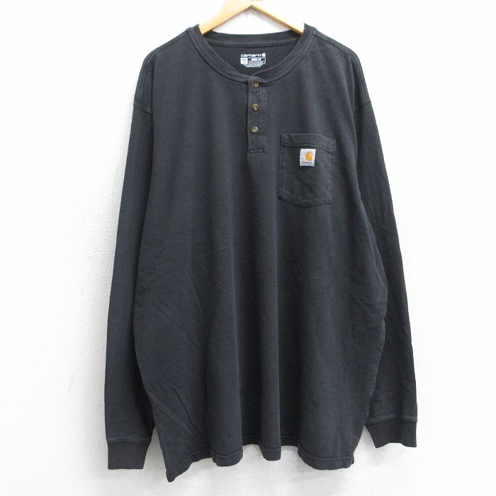XL★古着 カーハート Carhartt 長袖 Tシャツ メンズ ワンポイントロゴ 胸ポケット付き 大きいサイズ ロング丈 ヘンリーネック 黒 ブラック 25sep03 中古